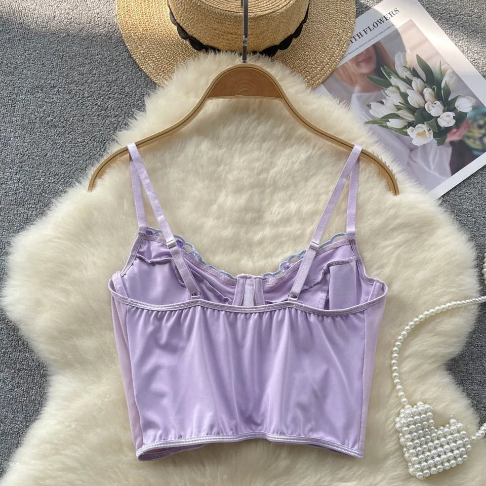 Purple Flower Embroidery Corset Top