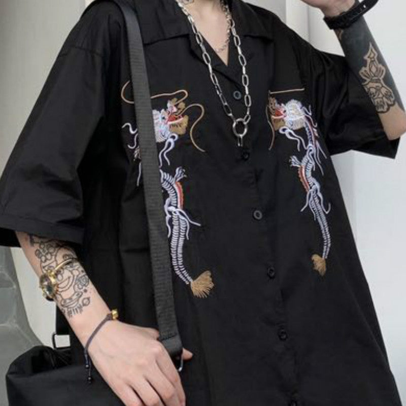 Dragon Embroidery Vintage Black Blouse Button Down Casual Loose Short Sleeve Tee Shirt T-shirt Top E-Girl Kawaii Korean Japanese Harajuku Streetwear