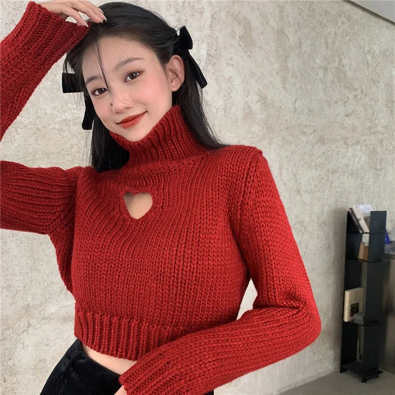 Heart Hollow Out Cropped Turtleneck Sweater