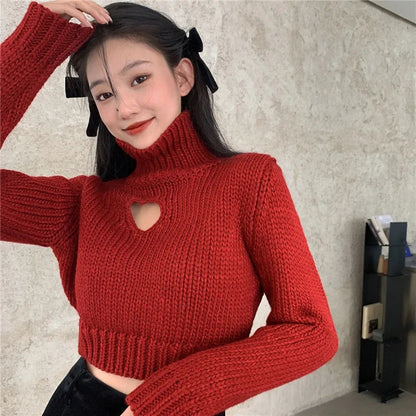 Heart Hollow Out Cropped Turtleneck Sweater