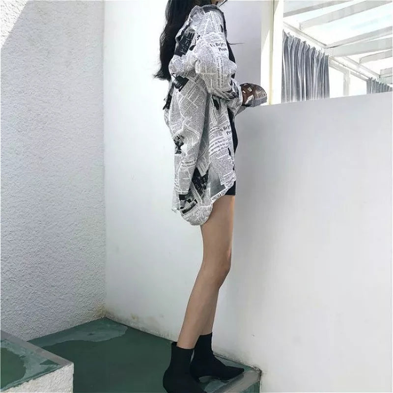 Cute Vintage Newspaper Letter Print Button Up Long Sleeve Shirt Blouse Top Aesthetic Casual E-Girl Kawaii Korean Japanese Harajuku