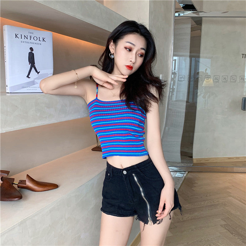 Cute Stripe Knit Cropped Tank Top Spaghetti Strap Camisole Sleeveless Shirt T-shirt Top E-Girl Kawaii Korean Japanese Harajuku Streetwear