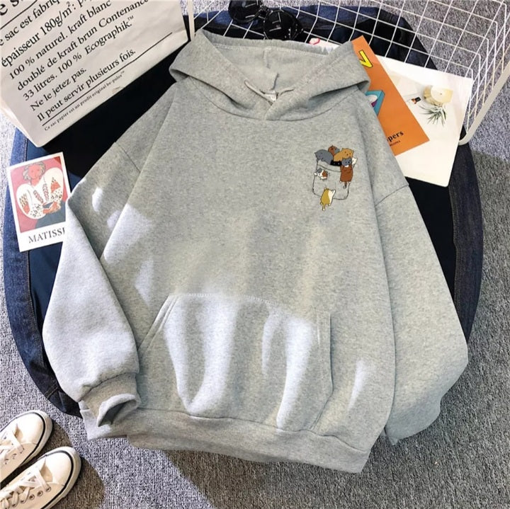 Cute Cat Cartoon Pocket Print Loose Fleece Hoodie Crewneck Pullover Sweatshirt Aesthetic Casual E-Girl Kawaii Korean Japanese Harajuku