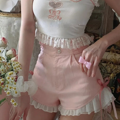 Pink Bow Ruffle High Waist Lace Shorts