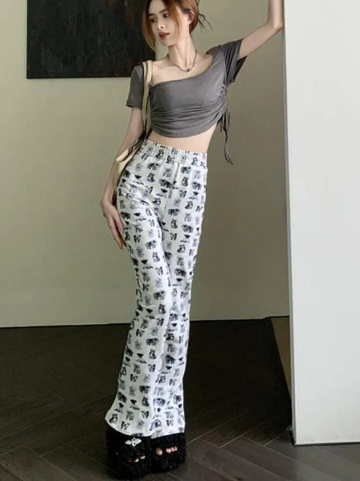 Puppy & Kitten Print Flare Trousers