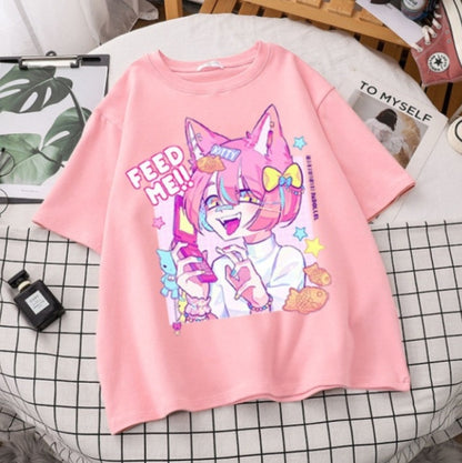 Cute Pastel Sweet Fox Anime Girl Cartoon Print Short Sleeve T-shirt Loose Punk Aesthetic Casual Summer E-Girl Kawaii Korean Japanese Harajuku