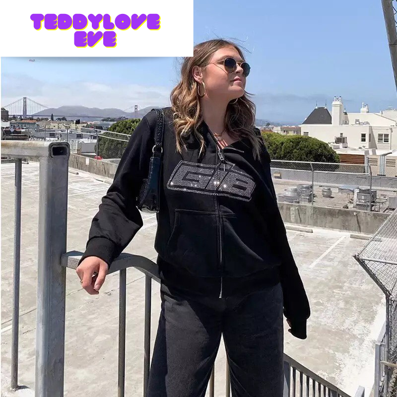 Cute Retro 90s Rhinestone Bling Crystal Zipper Hoodie Long Sleeve Pullover Jumper Sweater Aesthetic E-Girl Kawaii Korean Japanese Harajuku Streetwear
