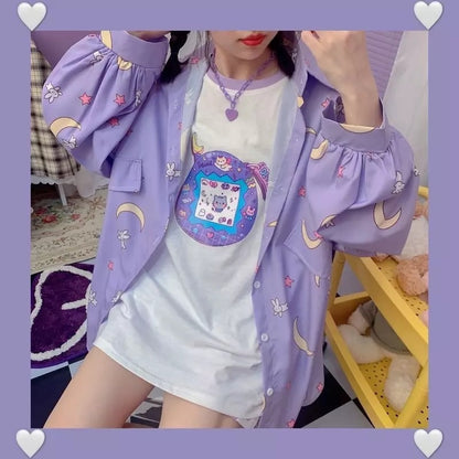 Pastel Purple Anime Star Moon Cartoon Blouse Oversized Long Sleeve Shirt Loose Button Autumn Winter E-Girl Kawaii Korean Japanese Harajuku Streetwear