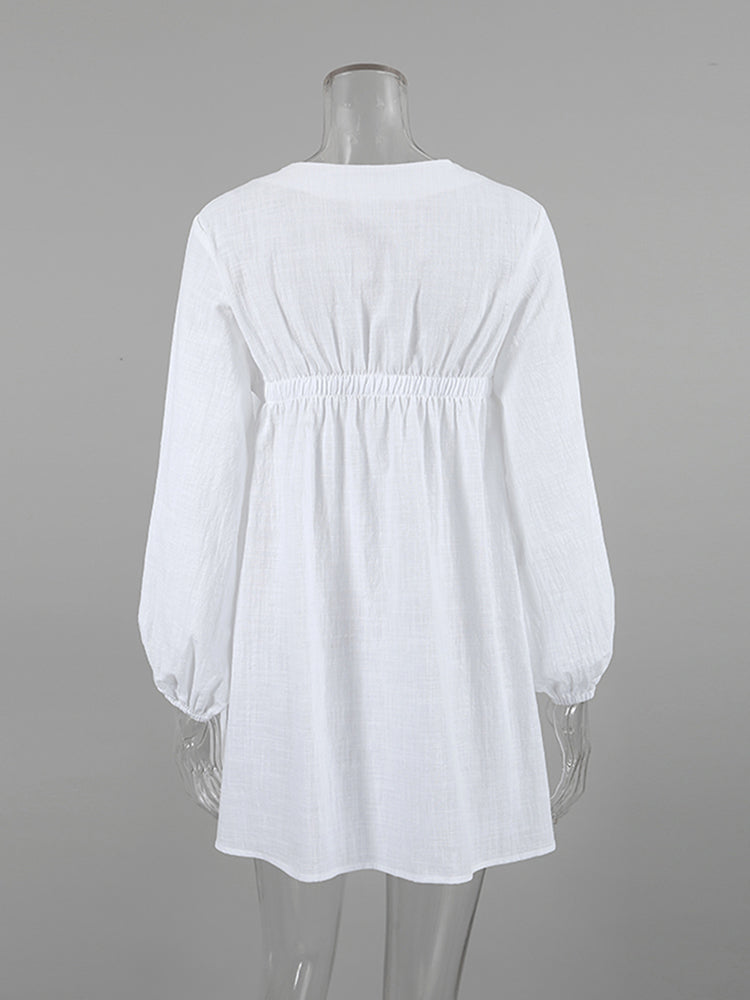 White Cotton Lantern Long Sleeve Dress