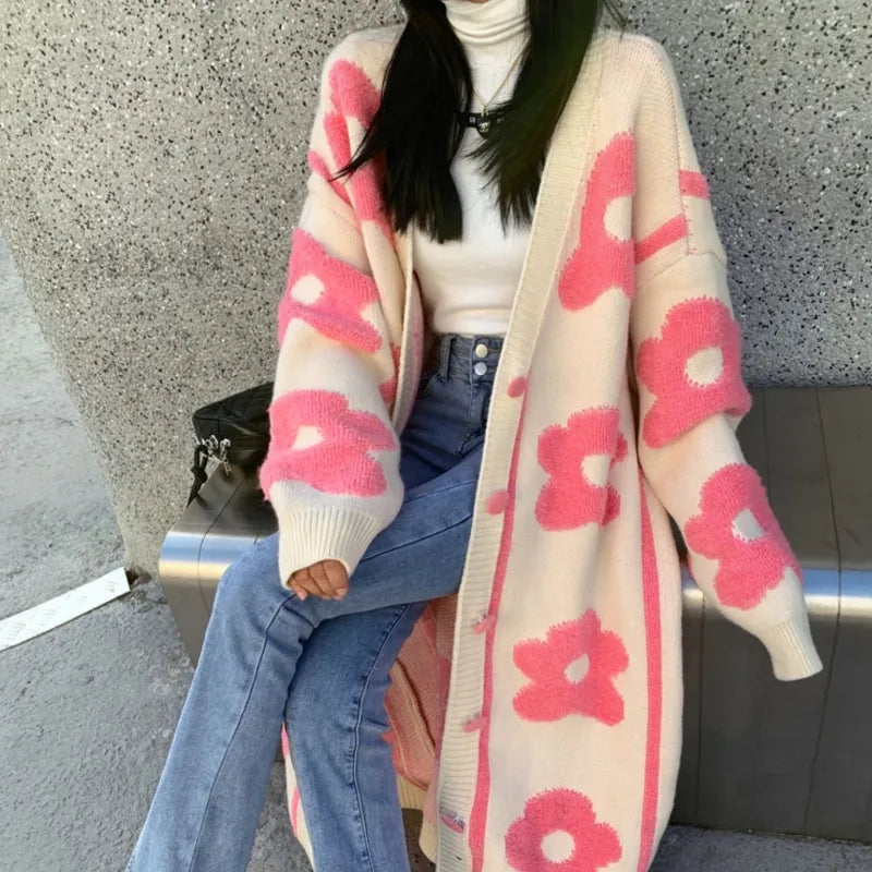 Pink Flower Oversized Knit Cardigan