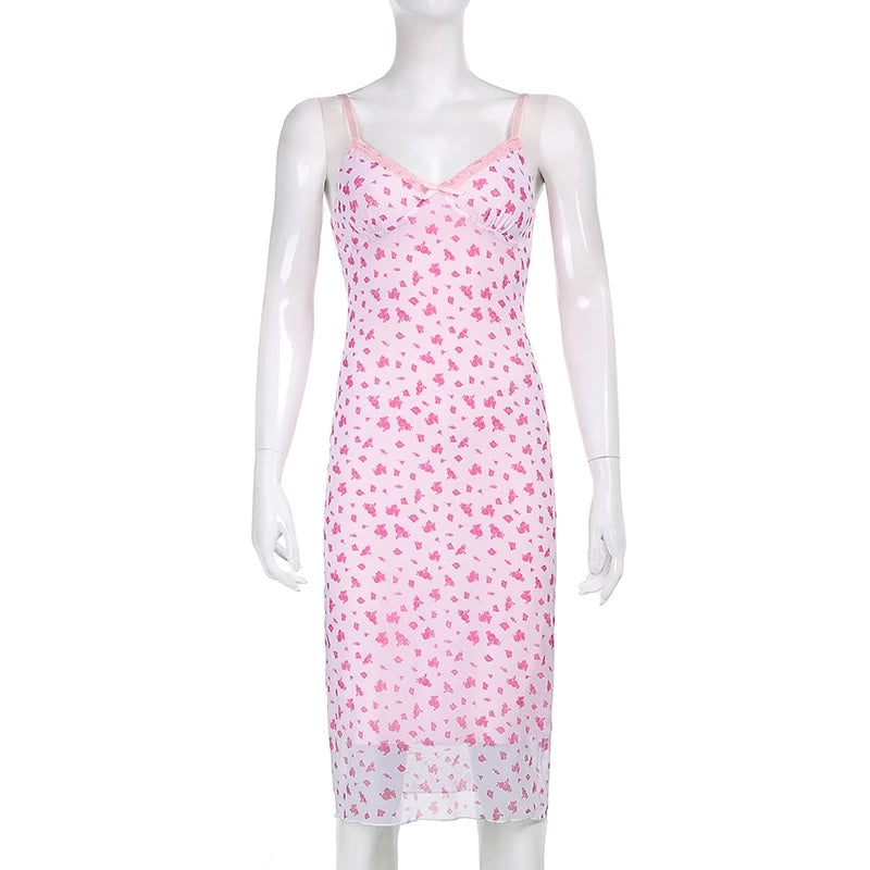 Cute Sexy Pink Floral Long Boho Dress Sleeveless V Neck Lace Trim Bodycon Party Club Beach Summer Vintage Casual E-girl Kawaii Korean