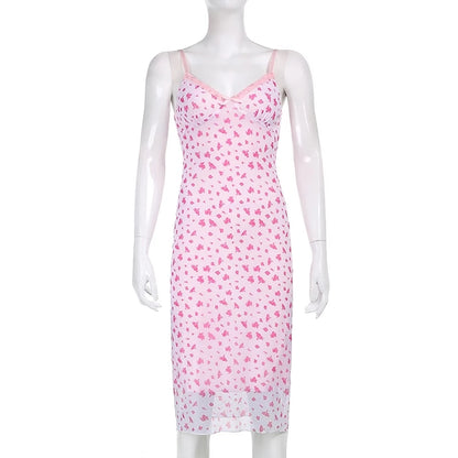 Cute Sexy Pink Floral Long Boho Dress Sleeveless V Neck Lace Trim Bodycon Party Club Beach Summer Vintage Casual E-girl Kawaii Korean