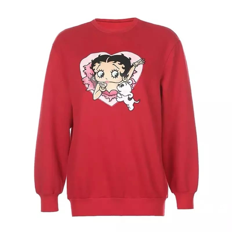 Cute 80s 90s Red Heart Vintage Cartoon Girl Long Sleeve Shirt Hoodie Pullover Sweatshirt Casual E-Girl Kawaii Korean Japanese Harajuku Streetwear