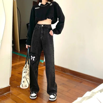 Black Denim Love Bow Embroidery High Waist Jeans