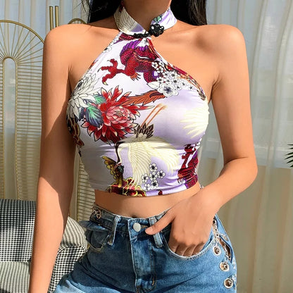 Cute Sexy Dragon Flower Print Halter Sleeveless Backless Crop Tank Top Summer Aesthetic Casual E-Girl Kawaii Korean Japanese Harajuku