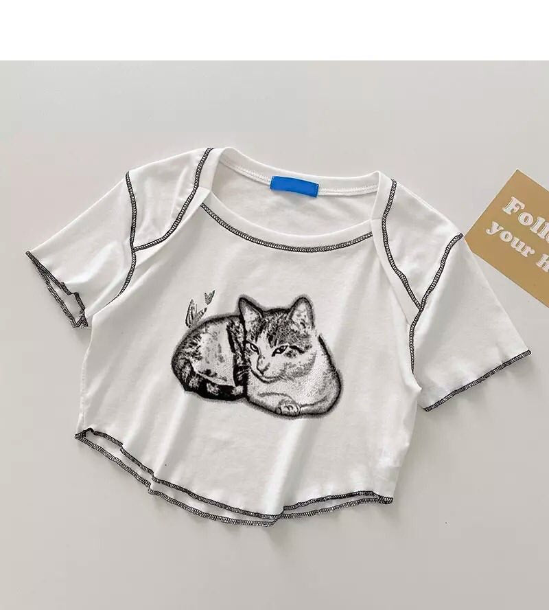Cat Cartoon Graphic Print Short Sleeve Shirt Crop Top Summer Aesthetic Casual E-Girl Kawaii Korean Japanese Harajuku