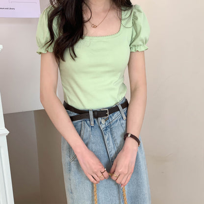 Green Puff Sleeve Square Collar Top