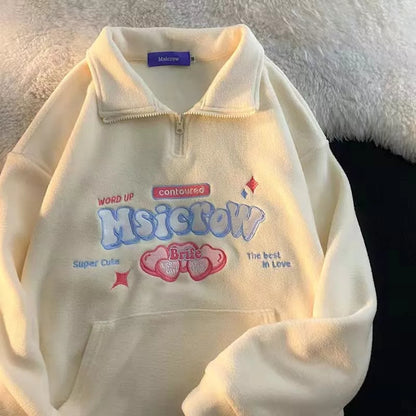 Love Heart Letter Embroidery Loose Long Sleeve Pullover