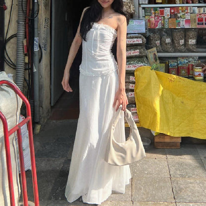 2PCS White Strapless Lace Ruffle Top + Long Skirt Set