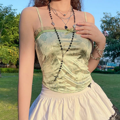 Green Floral Frill Crop Top