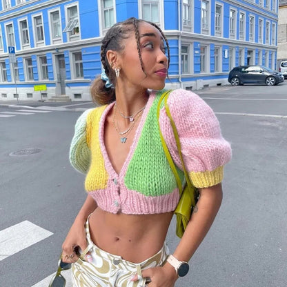 Pastel Crochet V Neck Short Sleeve Shirt