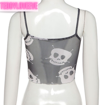 Cute Spider Skull Mesh Transparent See Through Camisole Tank Crop Top Sleeveless Goth Punk Casual E-Girl Kawaii Korean Japanese Harajuku Streetwear