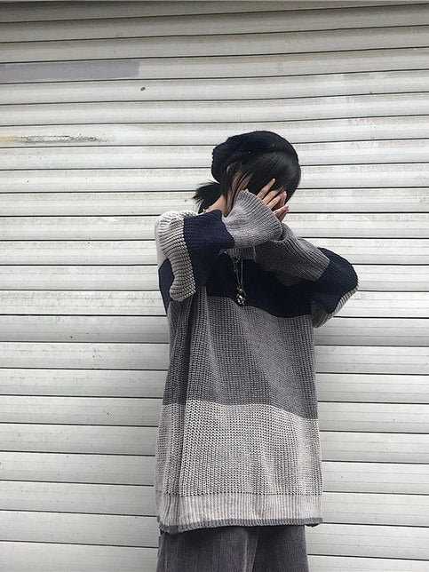 Grey Stripe Patchwork Sweater