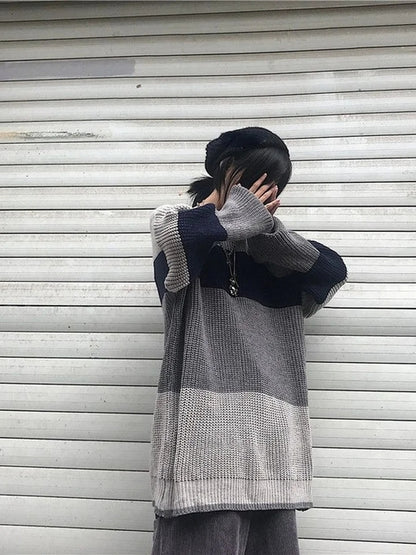Grey Stripe Patchwork Sweater