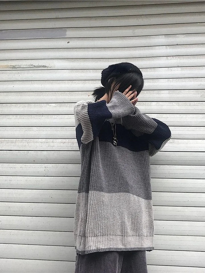 Grey Stripe Patchwork Sweater