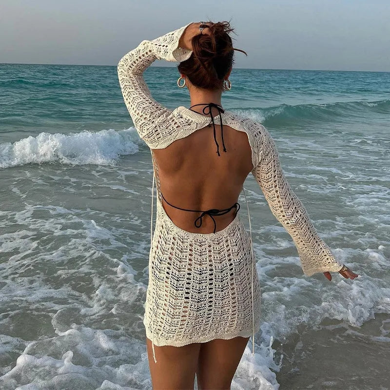 Blue Beach Backless Crochet Long Sleeve Dress