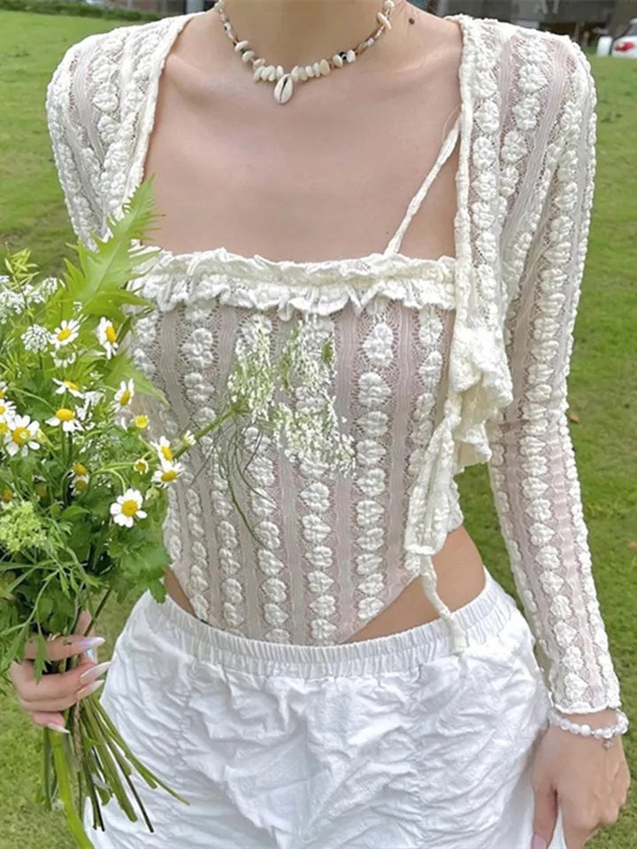 2PCS Beige Frill Camisole + Cardigan