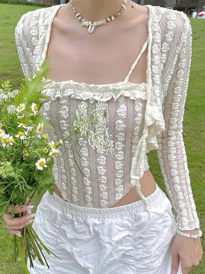 2PCS Beige Frill Camisole + Cardigan