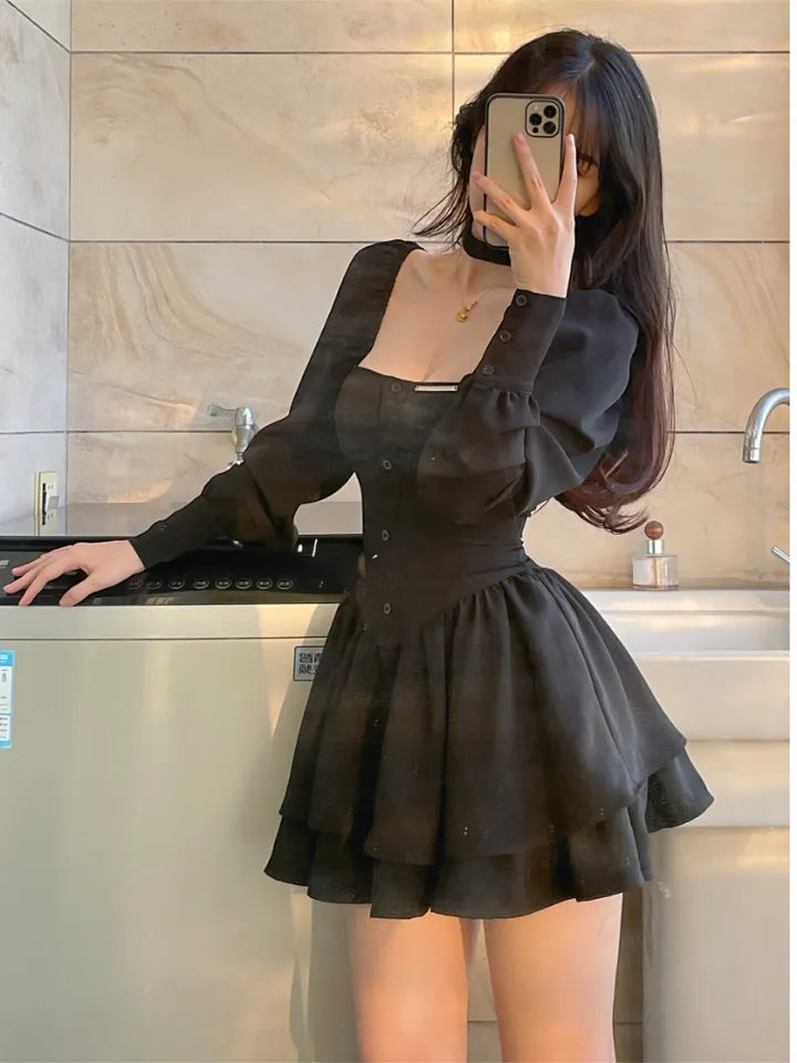 Black Vintage Long Sleeve Mini Dress