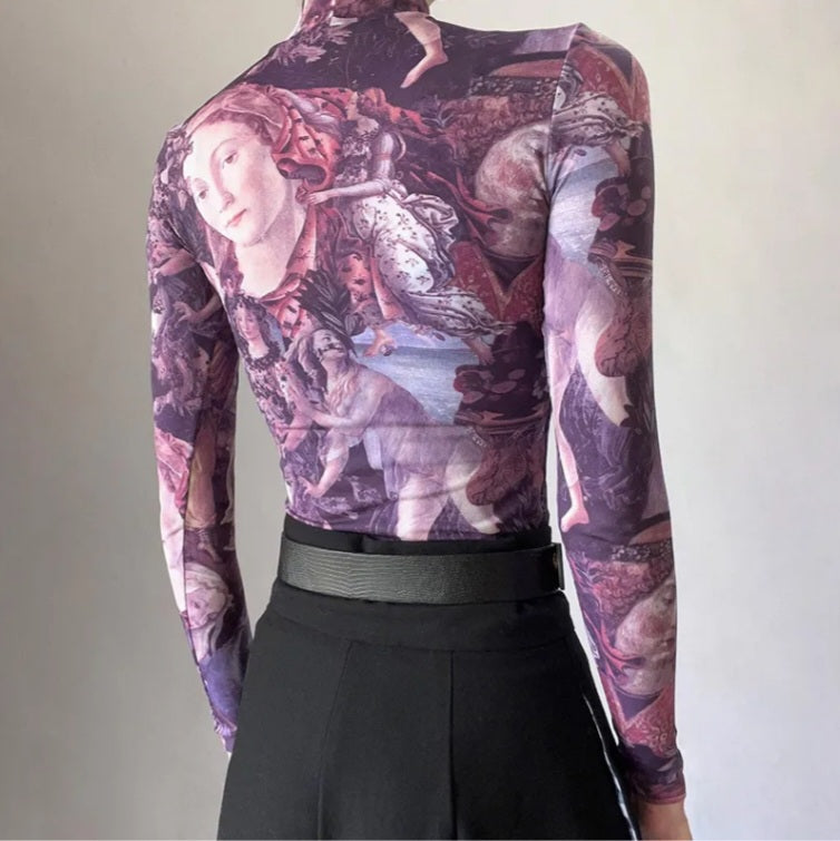 Purple Victorian Print Mesh Long Sleeve Shirt