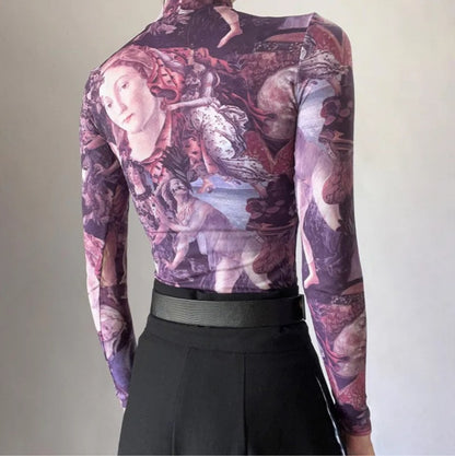 Purple Victorian Print Mesh Long Sleeve Shirt