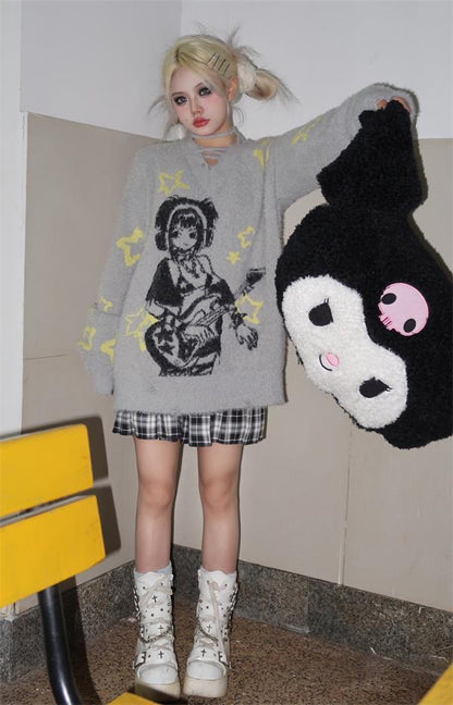 Grey Anime Girl Oversized Sweater