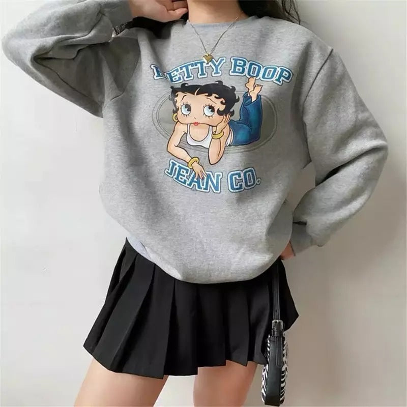 Cute 80s 90s Vintage Cartoon Girl Print Long Sleeve Shirt Hoodie Pullover Sweatshirt Sweater Casual E-Girl Kawaii Korean Japanese Harajuku Streetwear