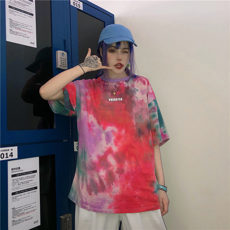 Cute Tie Dyed Hip Hop Casual Punk Goth Loose Oversized Short Sleeve Shirt Tee T-shirt E-Girl Kawaii Korean Japanese Harajuku Chinese Retro Streetwear