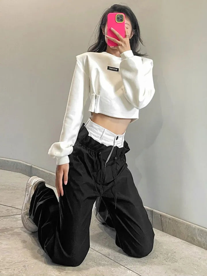 Patchwork High Waist Wide Leg Cargo Pants