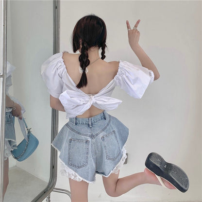2pcs Blue Denim Lace High Waist Shorts