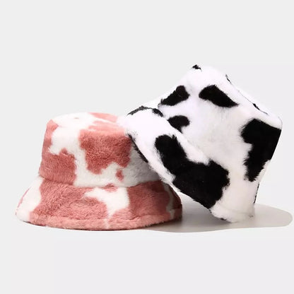 Cow Print Plush Bucket Hat Warm Soft Velvet Fishermen Cap Animal Print Winter Women E-Girl Kawaii Korean Japanese Harajuku Streetwear