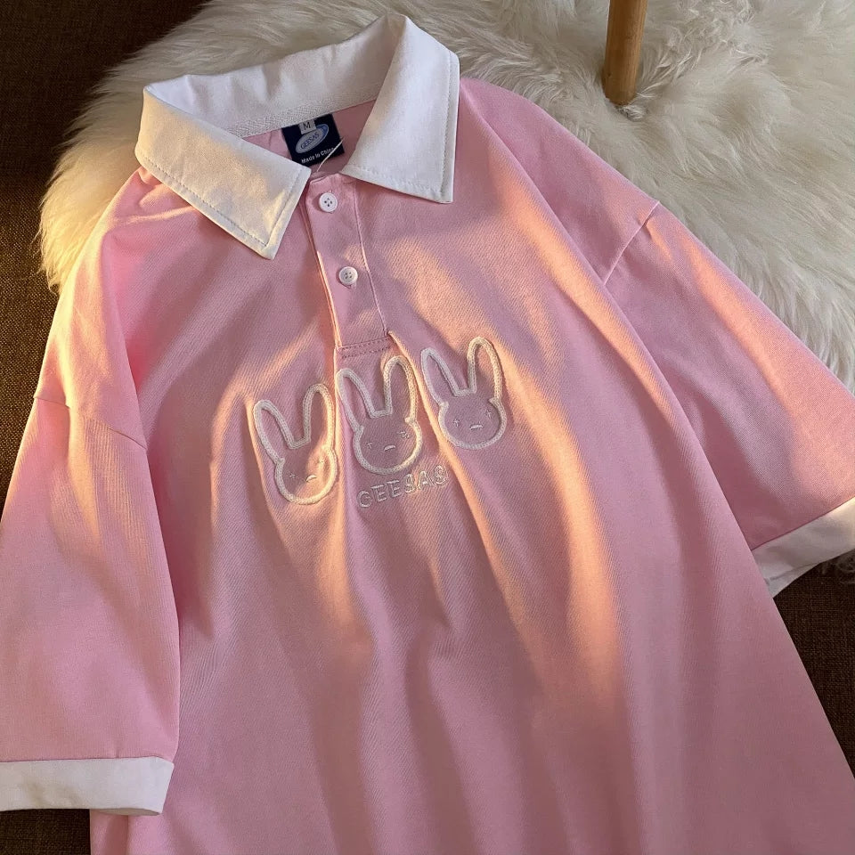 Cute Pastel Bunny Rabbit Embroidery Polo Short Sleeve T- Shirt Top Aesthetic Casual Summer E-Girl Kawaii Korean Japanese Harajuku
