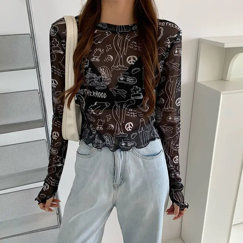 Spooky Mesh Ruffle Long Sleeve Shirt