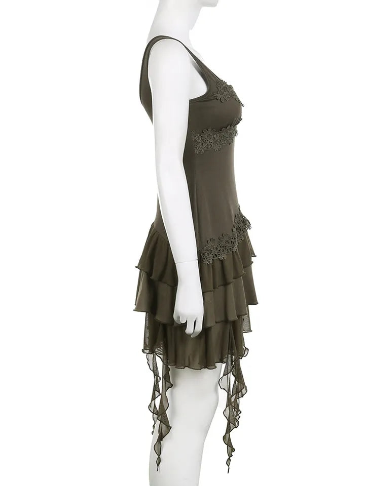Green Ruffle Irregular Lace Dress