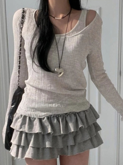 Grey Ribbed 2PCS Long Sleeve Shirt