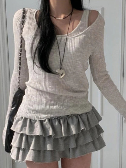 Grey Ribbed 2PCS Long Sleeve Shirt