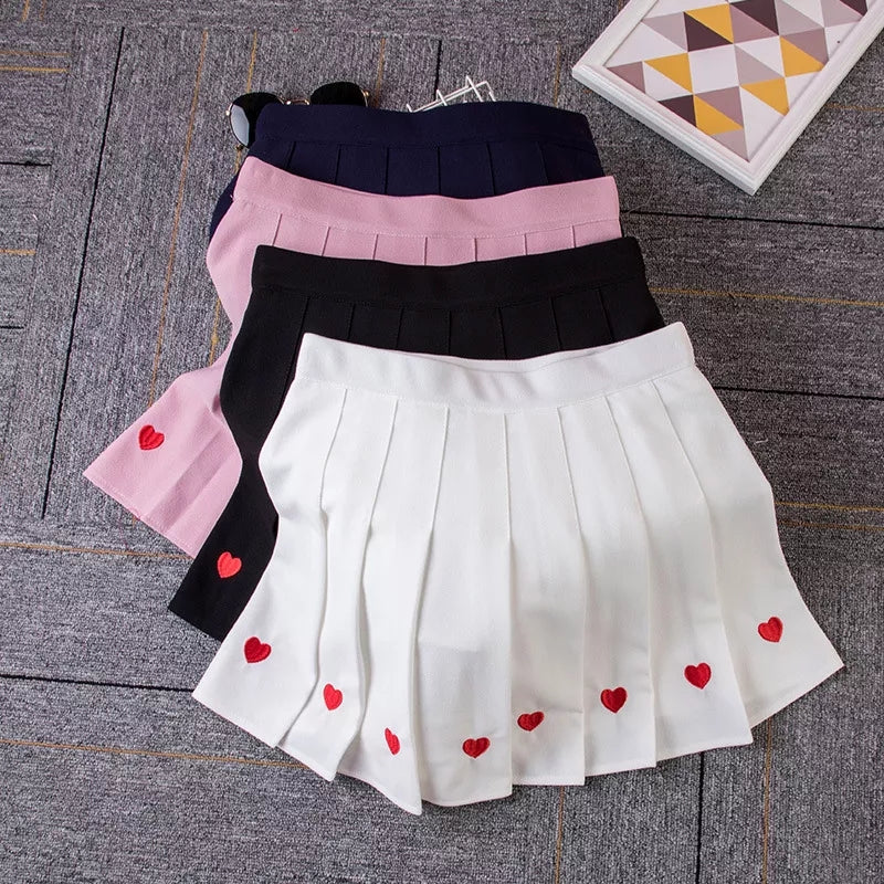 Cute Love Heart Pleated High Waist A-line Mini Skirt Summer Aesthetic Casual E-Girl Kawaii Korean Japanese Harajuku