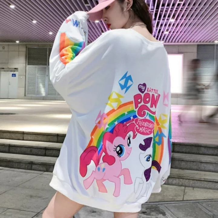Cute Rainbow Colorful Pony Cartoon Print Oversized Sweatshirt Long Sleeve Shirt Pullover Aesthetic Casual E-Girl Kawaii Korean Japanese Harajuku