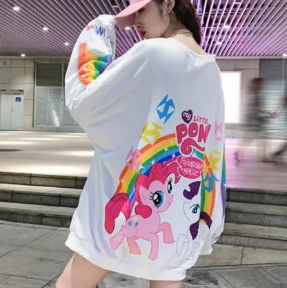 Cute Rainbow Colorful Pony Cartoon Print Oversized Sweatshirt Long Sleeve Shirt Pullover Aesthetic Casual E-Girl Kawaii Korean Japanese Harajuku
