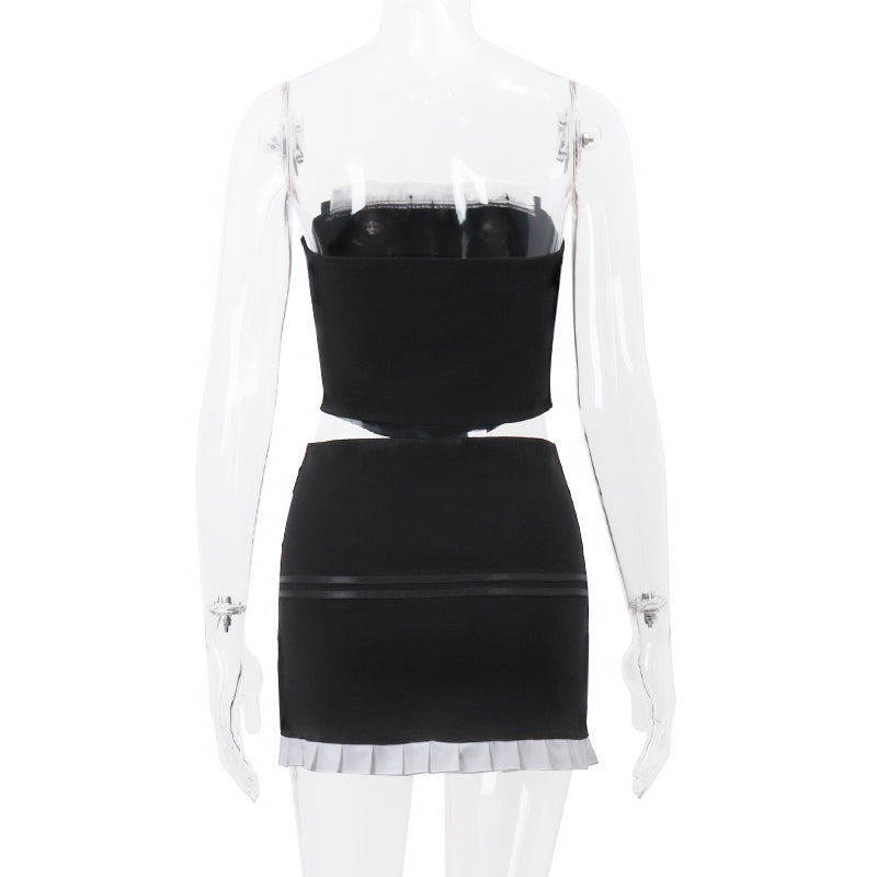 2PCS Black & White Strapless Top + Pleated Mini Skirt